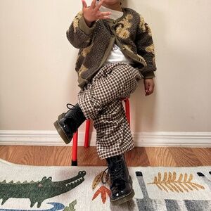 FLEECE LINED BROWN CHECKED BAGGY PANTS *1-2Y TODDLER*